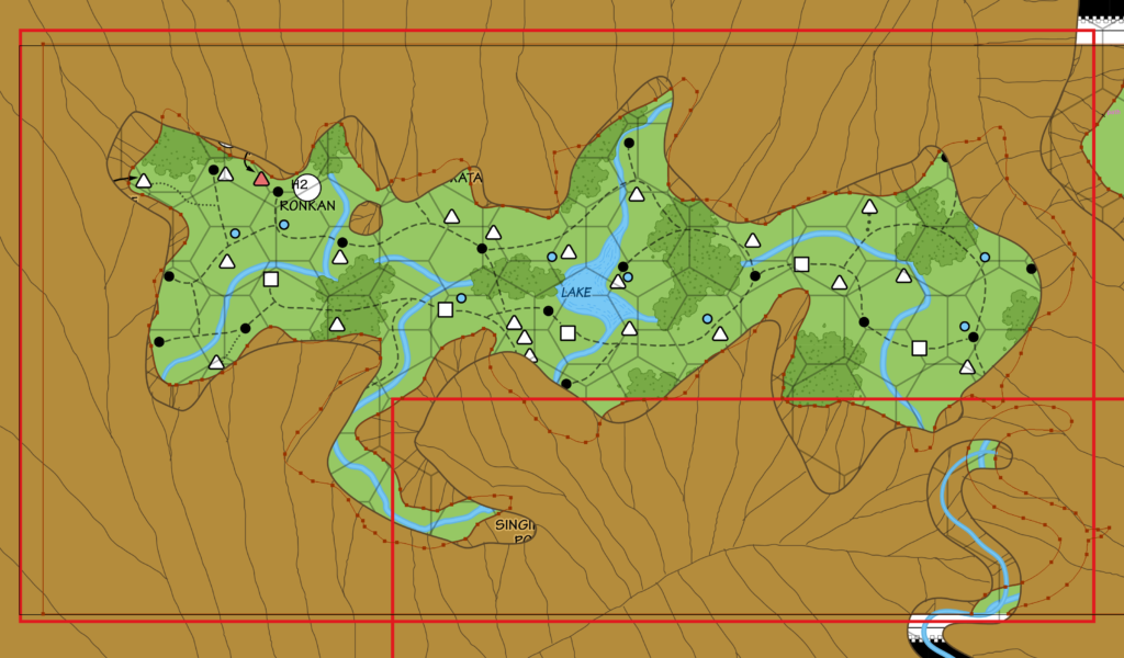 3 mile per hex map overlaid on the 2 mile per hex map. The brown dotted line shows the edge of the 2 mile map’s mountains.