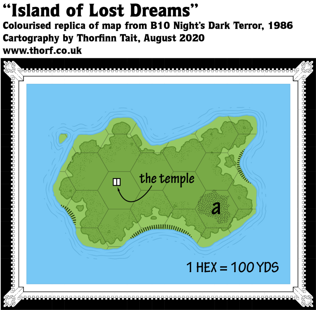 Colourised replica of B10's map of the Island of Lost Dreams, 100 yards per hex