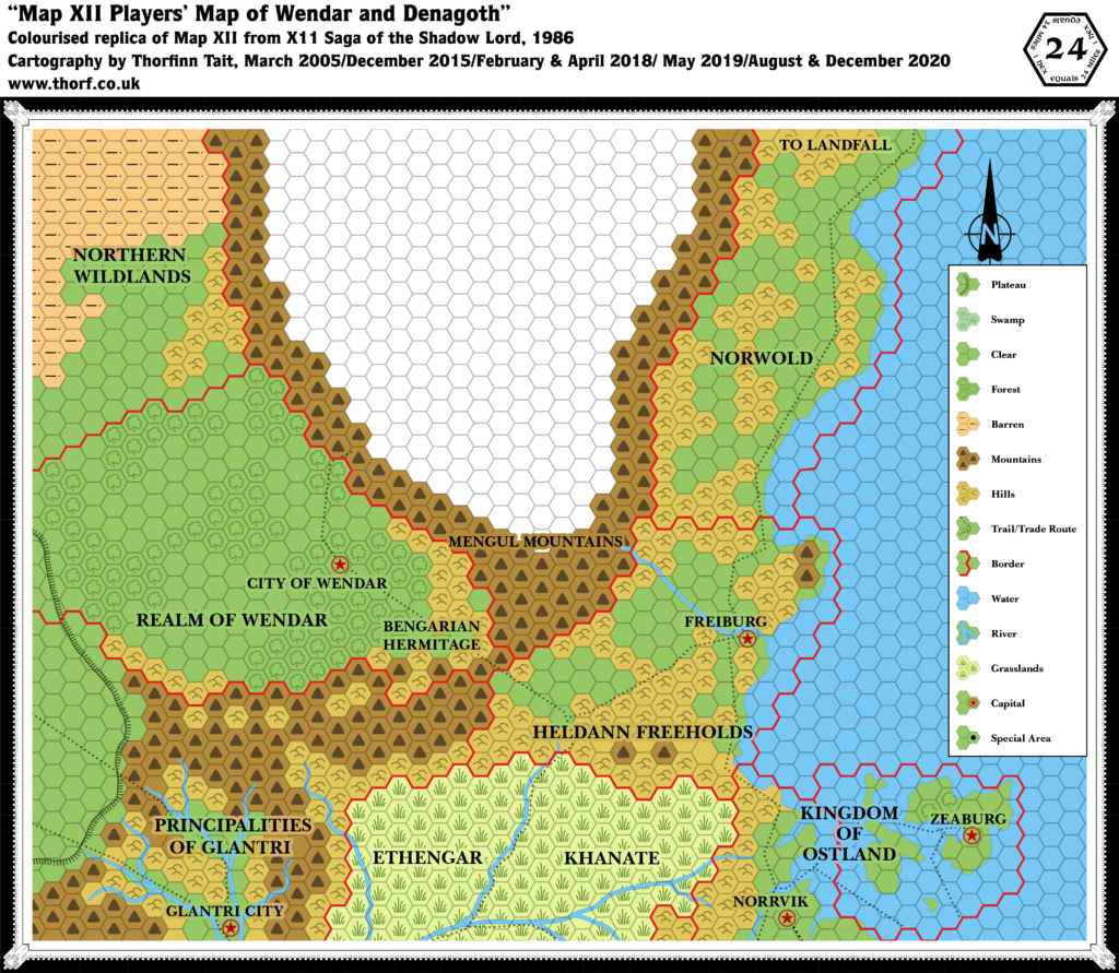 Colourised replica of X11's Players' Map of Wendar and Denagoth, 24 miles per hex